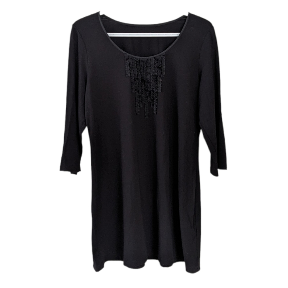 Eileen Fisher front mini raffles black mini dress tunic Medium B6